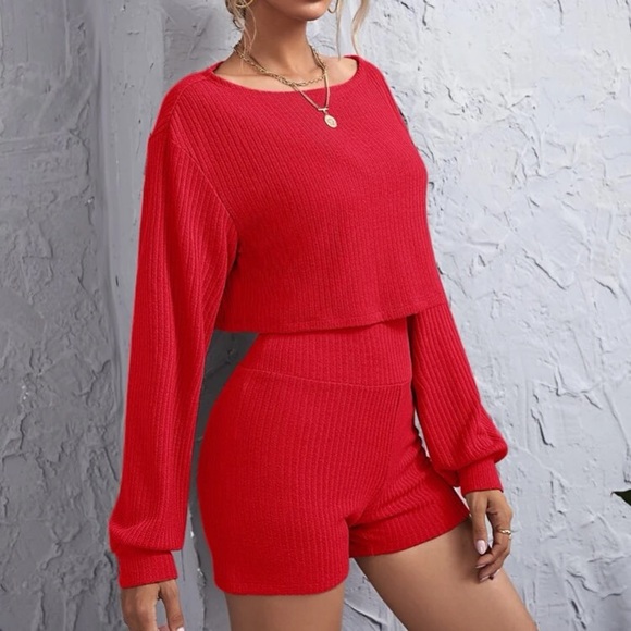 Green off shoulder ribbed top and shorts longe set - Picture 6 of 16